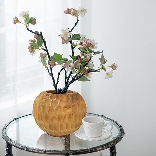Teak Wooden Handcrafted Pot 9.5" x 9.5" x 7.1"H Natural Wood Round Vase Handmade Rustic Flower Holder for Entry Table Brown Stain Vintage Artworks Planter Living Room Home Christmas Décor