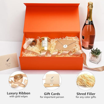 LIFELUM Christmas Gift Boxes 13.85 x 8.35 x 4.45 inch 5 Pack Gift Boxes with Lids Contains Card, Ribbon, Shredded Paper Filler (Orange)