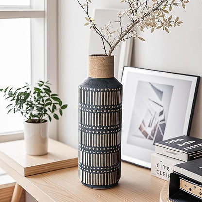 Rustic Ceramic Vase for Living Room Bedroom 11.02'' Antique Black Flower Vase for Bouquet Fake Plant Home Decor Office Table Shelf Fireplace Centerpieces Retro Vintage Classic Modern