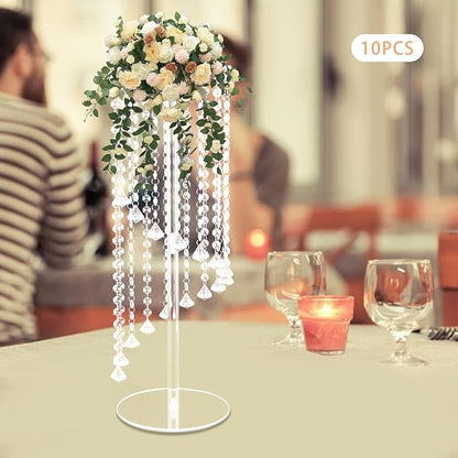 10 Pcs 23.6 Inch Acrylic Crystal Flower Stands, Tall Wedding Centerpieces for Tables with Crystal Chains, Clear Modern Flower Vase Stands for Party Event Home Hotel Decor