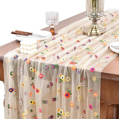 Joanlody Champagne Embroidery Daisy Christmas Table Runner 10ft Florals Seasonal Tulle Table Runner Holiday Kitchen Dining Table Decoration for Home Party Indoor