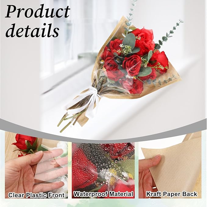 Exclaith 100 Pcs Flower Bouquet Wrapping Paper, Paper Clear Flower Sleeves Bulk Flowers Bags with Ribbons for Bouquets, for Florist Supplies, Mother's Day, Valentine's Day, Graduation, 15.7x13.8 Inch