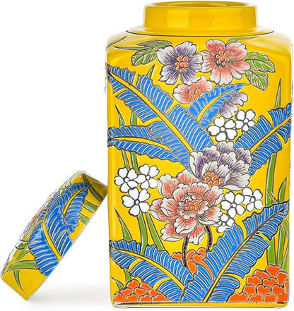Sungmor Decorative Ceramic Ginger Jar with Lid, Square Ceramic Storage Jar Tea Canister, 8.2" Hand Painted Floral Pattern Porcelain Vase for Table Centerpiece, Yellow Glazed Ginger Jar for Home Decor