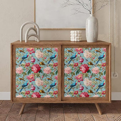 Vintage Pink Blue Peony Floral Birds Peel and Stick Wallpaper Easy Peel Off Contact Paper Stick on Adhesive Wall Paper for Bathroom Waterproof Renter Friendly