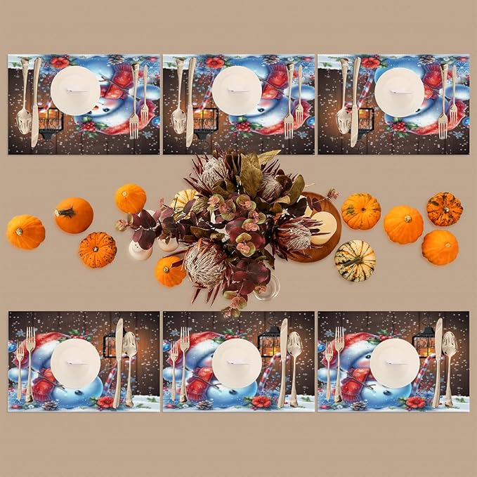 Christmas Art Snowman Snowflake Placemats Set of 1 PVC Vinyl Non Slip Table Mats Heat Resistant Place Mats Washable Wipeable Dining Table Mat for Kitchen Decor Party Indoor Outdoor Decorative Gift