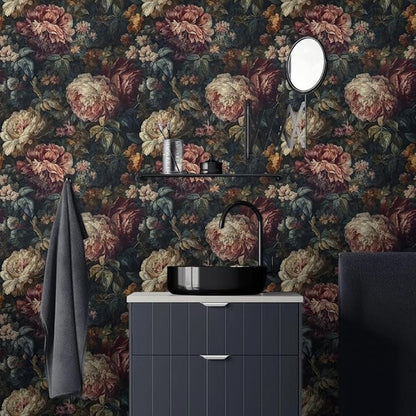 Dark Black Pink White Plum Floral Peony Flowers Peel and Stick Wallpaper Easy Peel Off Contact Paper Stick on Adhesive Wall Paper for Bathroom Waterproof Renter Friendly