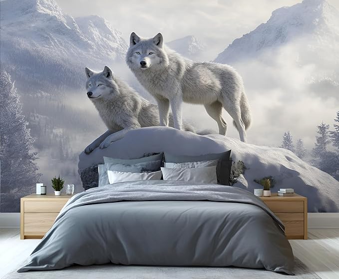 Arctic Wolves Wall Mural, Snow Wolves in Mountain 3D Wall Murals, Winter Wild Animal Wallpaper Mural, for Living Room Bedroom Large Wallpaper Indoor Decor 137.8" W x100 H