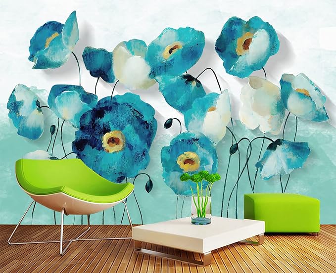 Blue Oil Painting Flowers Wall Mural Wallpaper for Bedroom 137" x 100"