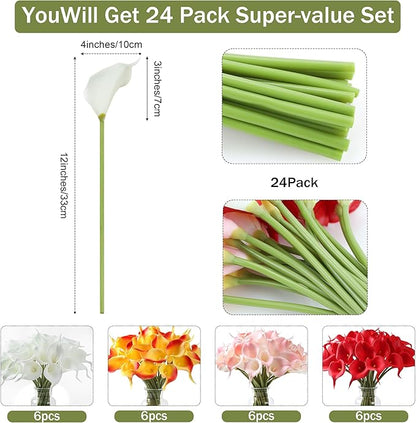 SITUMEIZI 24 PCS Artificial Calla Lily Fake Flowers Assorted Colors Silk Flower Real Touch for Mother's Day Easter Home Kitchen Decor Wedding Bouquet Office Spring Decoration