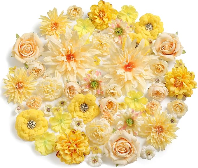 Fake Flowers Heads Bulk Yellow Mini Artificial Silk Flower for Crafts, Small Artificial Daisy Roses Faux Flowers for Graduation Cap DIY Cake Wedding Party Home Garland Decoration