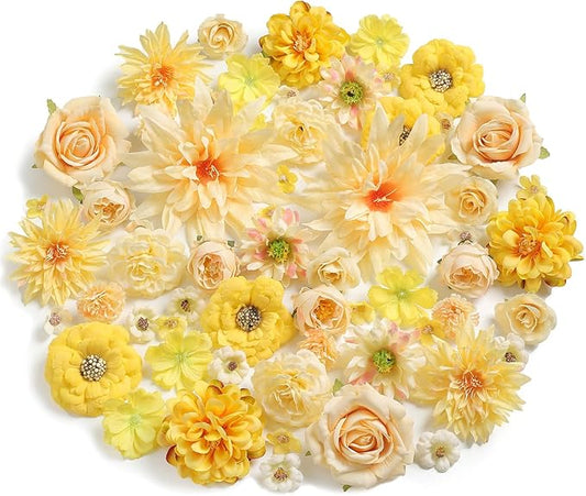 Fake Flowers Heads Bulk Yellow Mini Artificial Silk Flower for Crafts, Small Artificial Daisy Roses Faux Flowers for Graduation Cap DIY Cake Wedding Party Home Garland Decoration