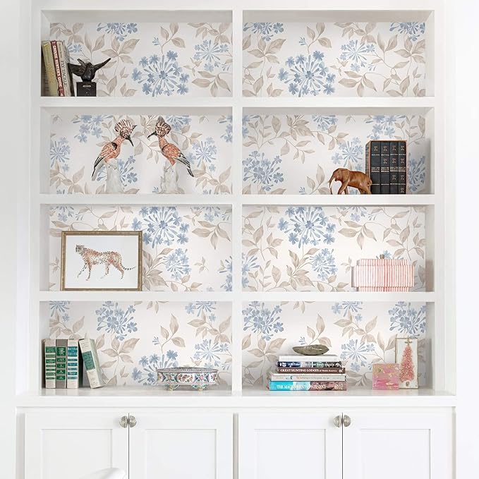 Heroad Boho Floral Wallpaper Blue/Beige Peel and Stick Wallpaper Neutral Leaf Contact Paper Removable Self Adhesive Wall Paper for Cabinet Bedroom Bathroom Waterproof Decor Vinyl Roll 17.3''x78.7''