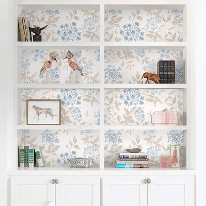 Heroad Boho Floral Wallpaper Blue/Beige Peel and Stick Wallpaper Neutral Leaf Contact Paper Removable Self Adhesive Wall Paper for Cabinet Bedroom Bathroom Waterproof Decor Vinyl Roll 17.3''x78.7''
