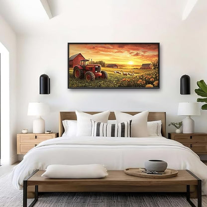 Farmhouse Sunset Large Wall Art Framed Wall Decor for Living Room Rustic Barn Tractor Pictures Oversized Canvas Print Painting Modern Extra Large Framed Artwork for Bedroom Office 60"x30"