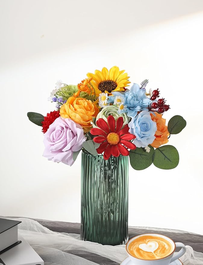 Multi Use Rainbow Colorful Artificial Flowers Combo, Fake Roses Silk Sunflower with Stems for DIY Bridal Wedding Bouquets Baby Shower Floral Arrangements Centerpiece Party Home Decorations (Rainbow2)