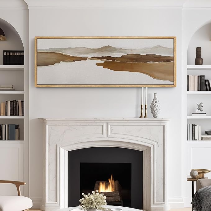 SIGNFORD Large Framed Canvas Print Wall Art Abstract Brown Mountain River Illustrations Modern Art Relax/Calm Warm for Living Room, Bedroom, Office - 60"x20"