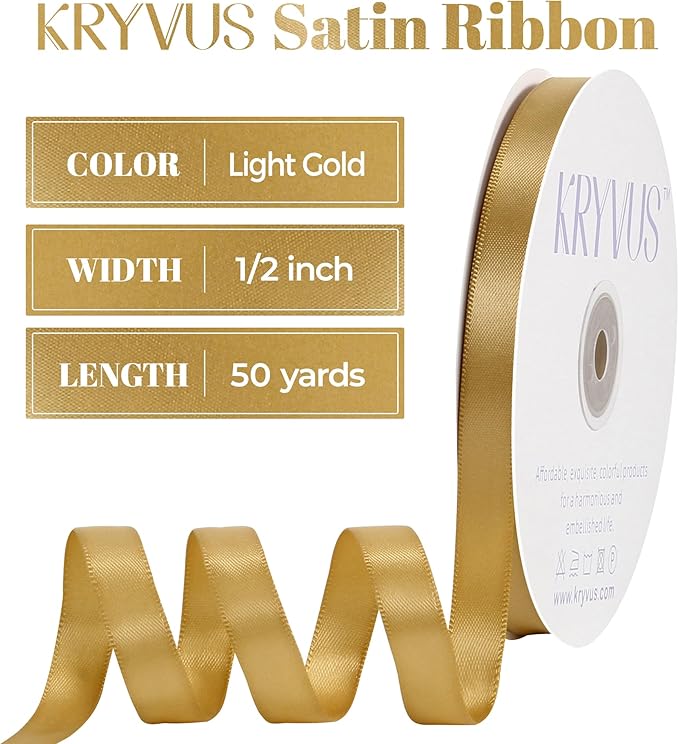 Light Gold Satin Ribbon, Double Faced 1/2 Inch X 50 Yards Light Gold Ribbon, Premium Satin Ribbon for Gift Wrapping, Crafts, Hair Bow Making, Sewing, Flower Bouquet, Wedding Party Decor