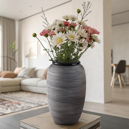ALMA 12'' Wide Mouth Vase Home Decor, Black Boho Tall Pampas Grass Vase for Table Centerpieces, Grey Rustic Decorative Vase for Living Room, Farmhouse, Entryway, Mantel, Bookshelf