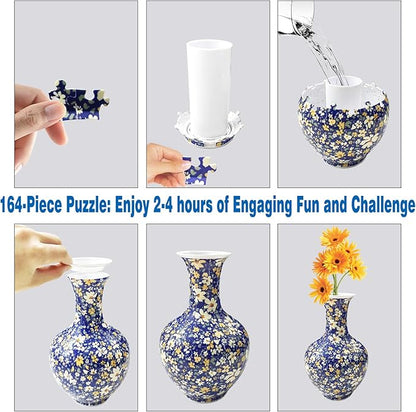 3D Puzzle Vase, 160 Curved Pieces DIY Flower Vase Craft Kit & 3D Puzzles for Adults, Creative Jigsaw Art Project Home Décor Centerpiece, for Women, Mom (Navy Floral Pattern)