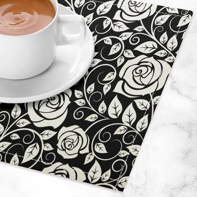 Retro Flowers Placemats Set of 6, 17x12 Inch Modern Aesthetic Black White Florals Leaves Art Print Table Mats for Home Party Kitchen Dining Decor