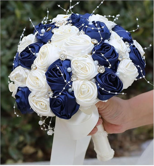 Bridal Wedding Bouquet Round Bling Brooch Bouquet Throw Toss Artificial Rose Flower Bunch for Bride Bridesmaid Wedding Quinceanera(Navy Blue & Ivory, 8.7")