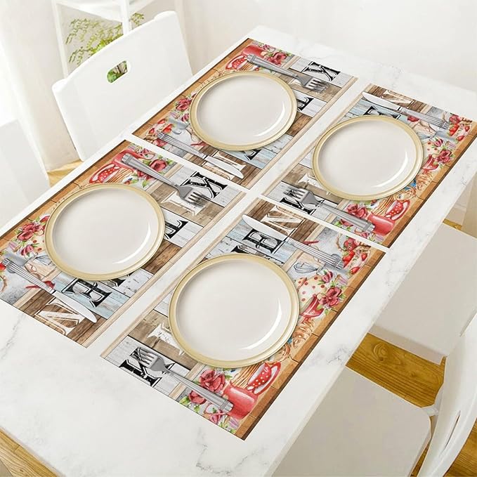Farmhouse Vintage Kitchen Placemats Rustic Wood Plank Barn Door Retro Strawberry Utensils Knives and Forks Placemats Table Dining Party 12x18 Inch Set of 6