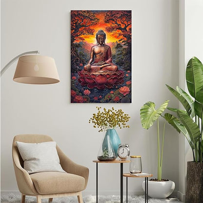 Golden Buddha on lotus seat serene meditation statue amidst lush trees flowing water and sunrise light spiritual home art for a tranquil decor 16x24in Frameless
