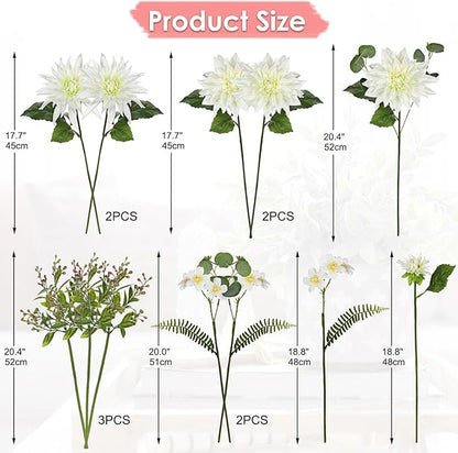 Dahlia Artificial Flowers 12PCS Fake White Flowers Realistic Dahlia Daisies Silk Flower Long Stems Faux Flowers for Vase Floral Centerpiece Arrangements Wedding DIY Bridal Bouquet Party Home Decor