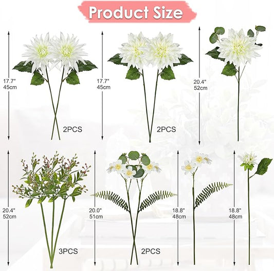 Dahlia Artificial Flowers 12PCS Fake White Flowers Realistic Dahlia Daisies Silk Flower Long Stems Faux Flowers for Vase Floral Centerpiece Arrangements Wedding DIY Bridal Bouquet Party Home Decor