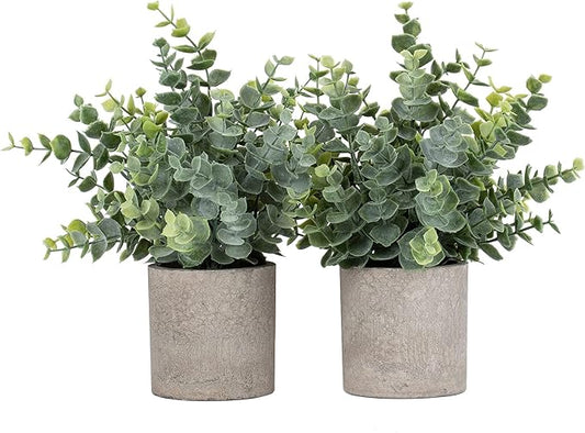 2pcs Artificial Eucalyptus Potted Plants Small Fake Plants in Pots Faux Eucalyptus Potted Plant Set for Home Shelf Decoration Office Table Desktop Decoration
