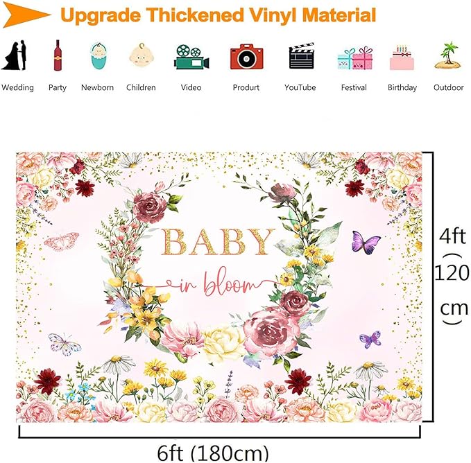 InMemory Baby in Bloom Backdrop Wildflower Baby Shower Decorations for Girl,Spring Wildflowers Baby in Bloom Baby Shower Banner Background Wild Floral BabyShower Party Supplies Photobooth Props 6x4ft