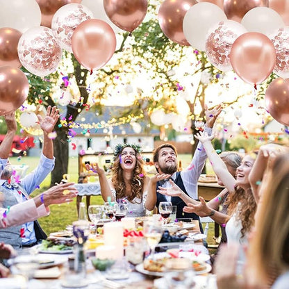 Rose Gold Confetti Balloons, 50pcs 12 Inch Metallic Rose Gold Balloons Rose Gold and White Latex Balloons with 33 Feet String for Bridal Shower Sweet 16 Birthday Party Wedding Anniversary Decorations