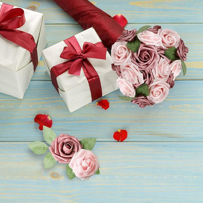 AmyHomie Artificial Flower Warm Taupe & Nude Rose 25pcs Real Looking Fake Roses w/Stem for DIY Wedding Bouquets Centerpieces Arrangements Party Baby Shower Valentines Day Christmas Tree Decorations