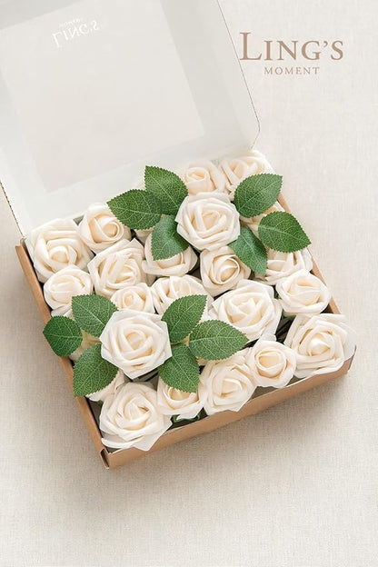 Ling's moment Artificial Wedding Flowers 1.5" Rose Buds and 2" Petite Roses 25pcs Cream w/Stem for DIY Wedding Boutonniere Wrist Corsages Bouquets Centerpieces Arrangements