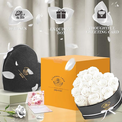16-Piece Forever Flowers Heart Shape Box - Preserved Roses, Birthday Gifts for Women- Flower Delivery Prime, Valentines, Anniversary, Wedding Gifts- White Roses