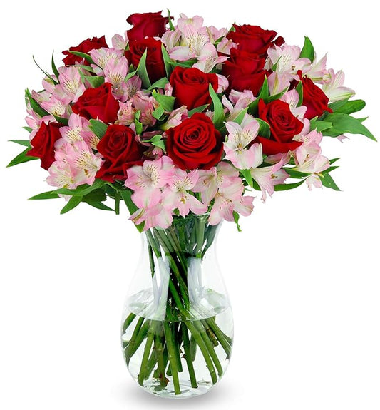 Benchmark Bouquets - Lovely Roses & Alstroemeria (Glass Vase Included) - Fresh Flowers for Delivery - Gift for Graduation, Birthday, Anniversary, Sympathy, Get Well, Congratulations