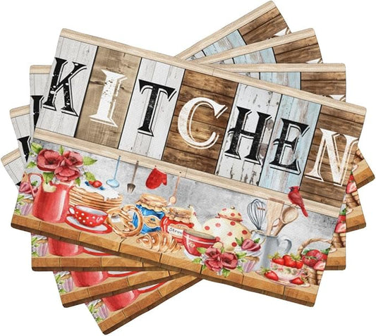 Farmhouse Vintage Kitchen Placemats Rustic Wood Plank Barn Door Retro Strawberry Utensils Knives and Forks Placemats Table Dining Party 12x18 Inch Set of 4