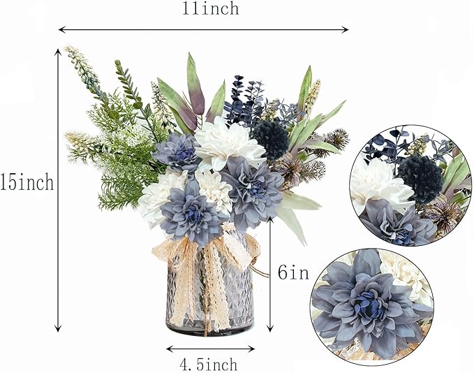 Wracra Artificial Flowers in Vase, Silk Fake Flowers with Vase, Faux Flowers Table Centerpieces for Dining Room, Bathroom Farmhouse Kitchen Coffee Table Decor (White Blue Dahlia,Grey)