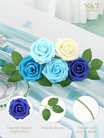 N&T NIETING Blue Roses Artificial Flowers, 50pcs Fake Flowers Rose Perfect for DIY Wedding Bridesmaid Bridal Bouquets Centerpieces Home Flower Arrangement Decoration, Series Blue