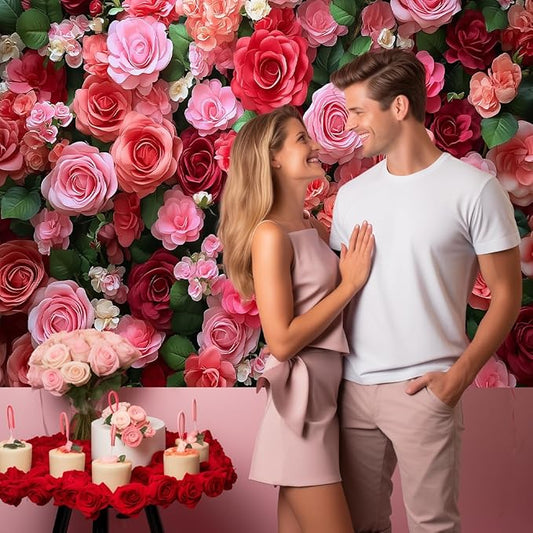7x5FT Romantic Rose Flower Wall Backdrop Red Pink Floral Background for Wedding Birthday Anniversary Valentine's Day Party Decoration, Photo Booth Banner for Couple Engagement Event Decor 101