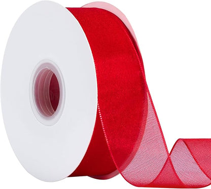 Sheer Organza Ribbon 1-1/2 Inch Chiffon Ribbons for Bouquets Garland, Gift Wrapping, 50 Yards/Roll (Red)