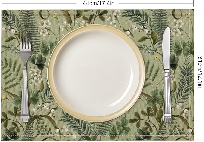 Retro Plant Placemats Set of 8, 17x12 Inch Green Leaves Retro Elegant Nature Plant Aesthetic Table Mats for Home Party Kitchen Dining Decor