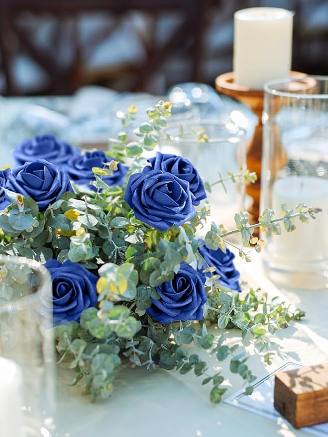 MACTING Artificial Flower Roses 30PCS Real Touch Fake Flowers with Stem Foam Roses for DIY Wedding Bouquets Backdrop Party Bridal Shower Spring Home Valentines Day Decorations,Dark Royal Blue