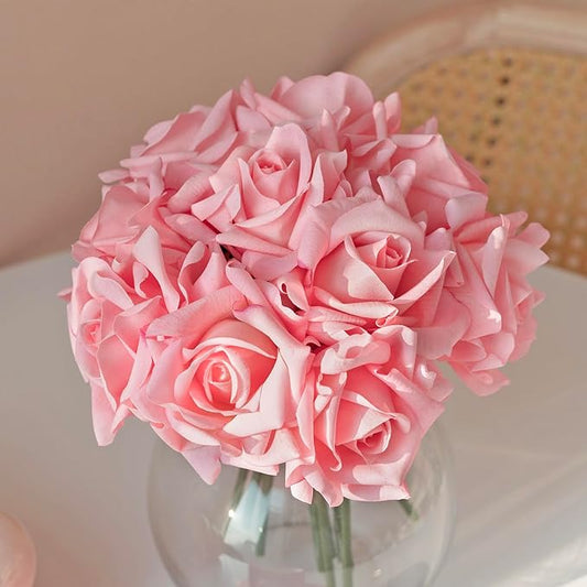 Artificial Roses Single Stem 10pcs Fake Silk Flower Arrangement Bouquet Real Touch for Home Party Wedding Decoration(Deep Pink)