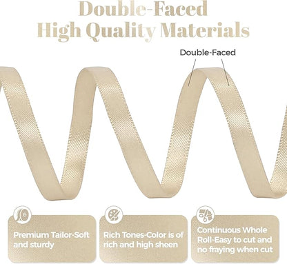 Beige Satin Ribbon, Double Faced 1/4 Inch X 25 Yards Beige Ribbon, Premium Satin Ribbon for Gift Wrapping, Crafts, Hair Bow Making, Sewing, Flower Bouquet, Wedding Party Decor