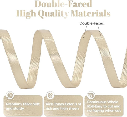 Beige Satin Ribbon, Double Faced 1/4 Inch X 50 Yards Beige Ribbon, Premium Satin Ribbon for Gift Wrapping, Crafts, Hair Bow Making, Sewing, Flower Bouquet, Wedding Party Decor