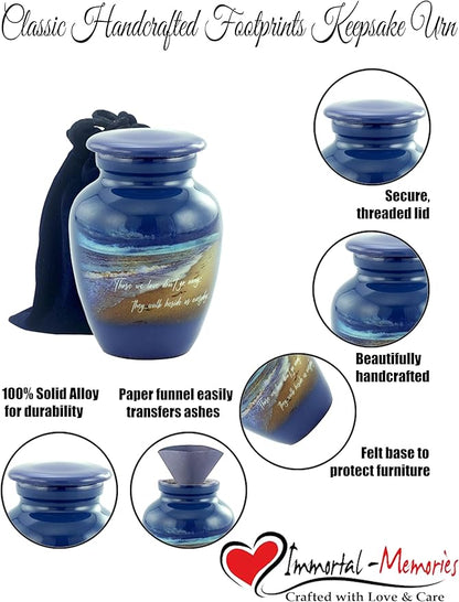 Footprints Keepsake Urn - Footprints Mini Cremation Urns for Ashes - Handcrafted Miniature Beach Sharing Urn - Mini Memorial Blue Urns with Premium Box & Velvet Bag (Keepsake)