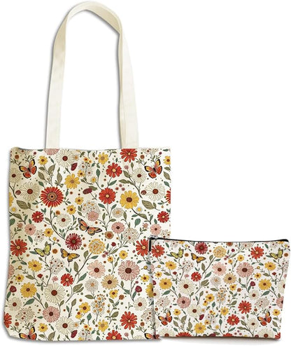 Flower Plant Lover Gifts for Women Canvas Tote Bag with Makeup Bag Cosmetic Bags Grocery Bags for Shopping Christmas