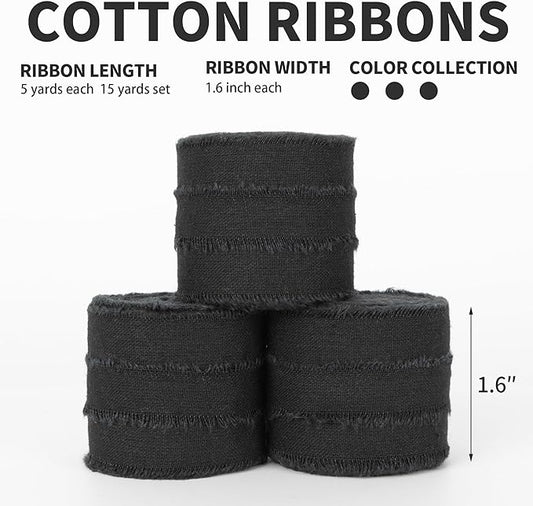 Black Ribbon 1-1/2" x 15Yd Handmade Fringe Cotton Ribbons for Wedding Invitations, Bridal Bouquets Wrapping, Bow Making DIY Crafts Home Decor for Halloween