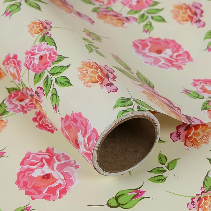 Aimyoo Ivory Floral Wrapping Paper Roll 17 in x 10 ft, Vintage Rose Flower Gift Wrap for Wedding Bridal Shower Women Birthday